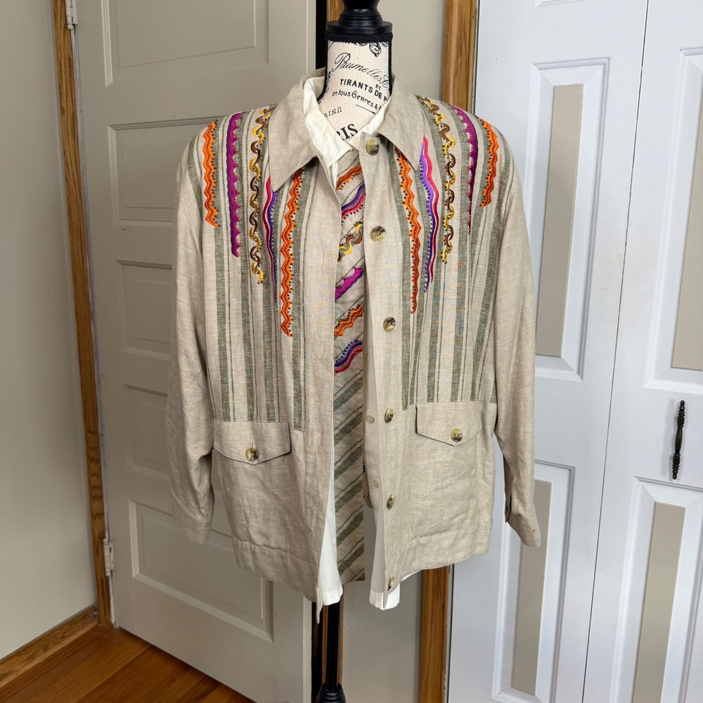 Vintage IB Diffusion 18/20W‎ Linen Blend Embellished Jacket Set Retro Colorful